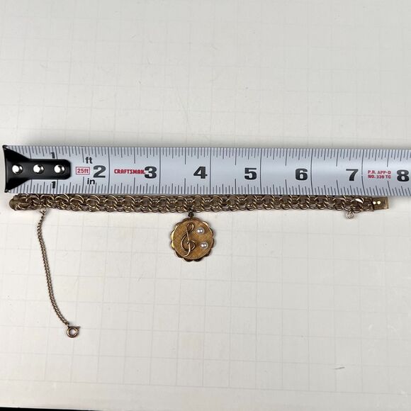 Vtg Kaco Signed 20g,12K Gold GF Bracelet Band Sweetheart Treble Clef 2 Pearls - Picture 8 of 9